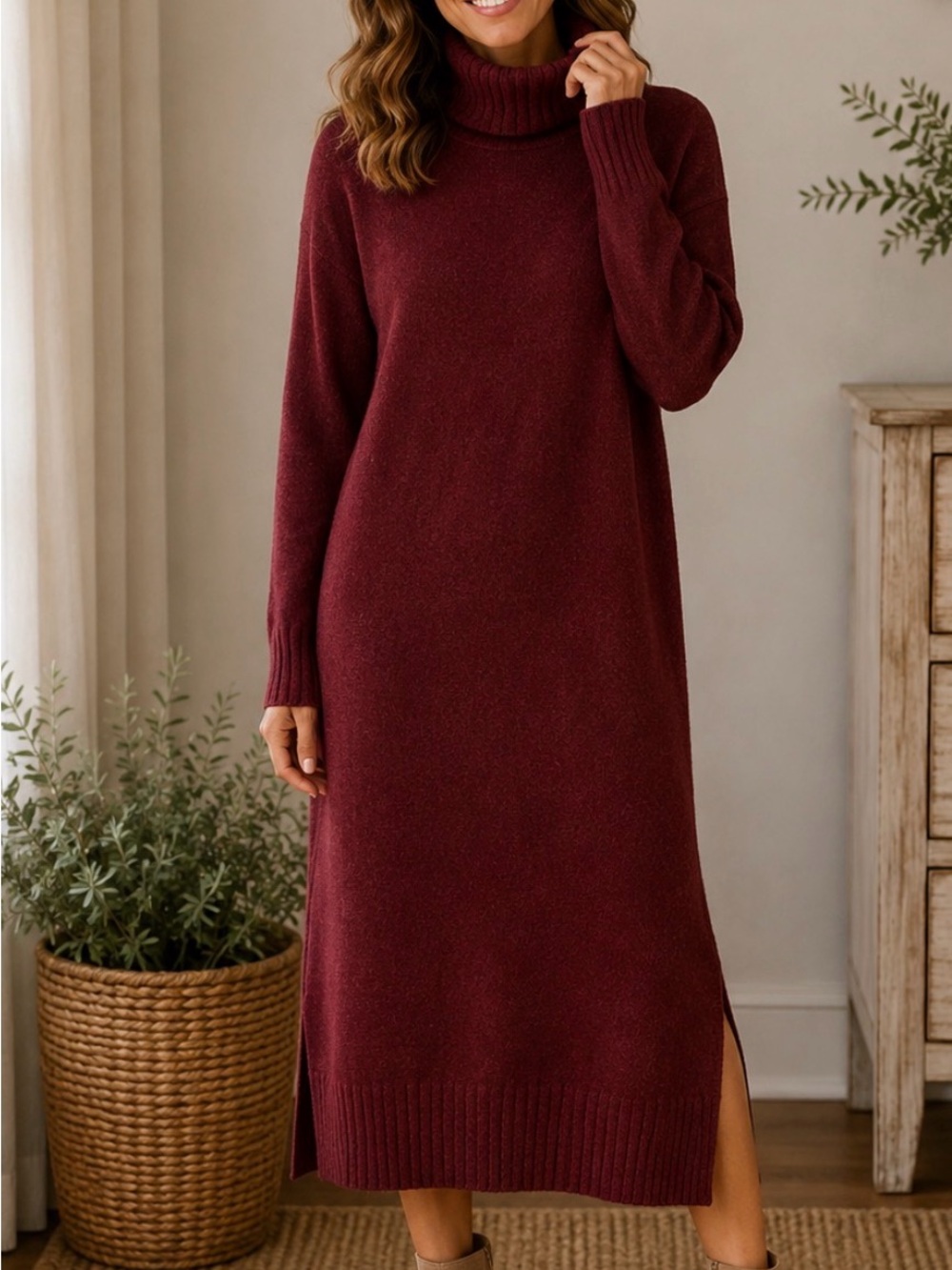 Anthropologie Burgundy Turtleneck Sweater Midi Dress